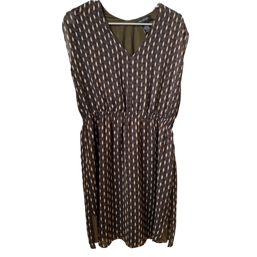 MM COUTURE Women’s Brown Black Beige Print V-neck Cinched Waist Mini Dress